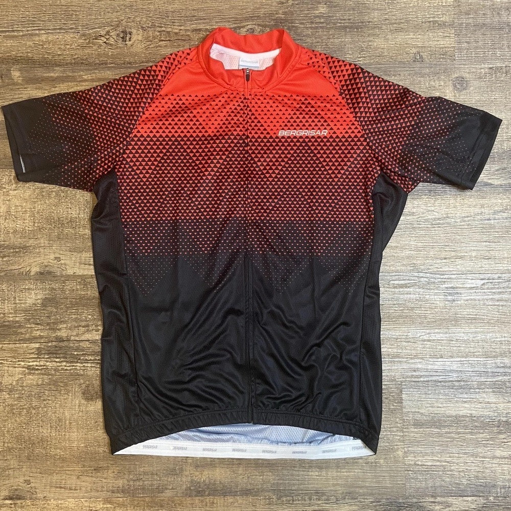 BERGRISAR Jersey Men's Cycling Red Black Full Zip Back Pockets Elastic Hem Bike